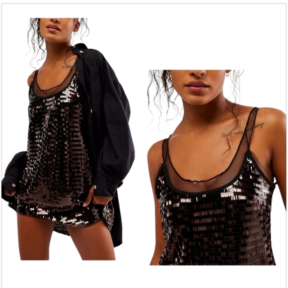NWT Free People Woman's Dress Slip A- line Sequin Mini Brown Sz L - Picture 4 of 12
